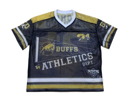 Retro Colorado Buffs football jersey with 'BUFFS YM ATHLETICS DEPT.' and '21' printed on the front