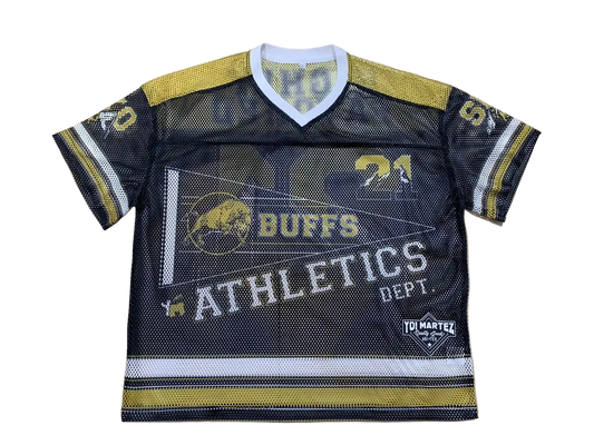 Retro Colorado Buffs football jersey with 'BUFFS YM ATHLETICS DEPT.' and '21' printed on the front