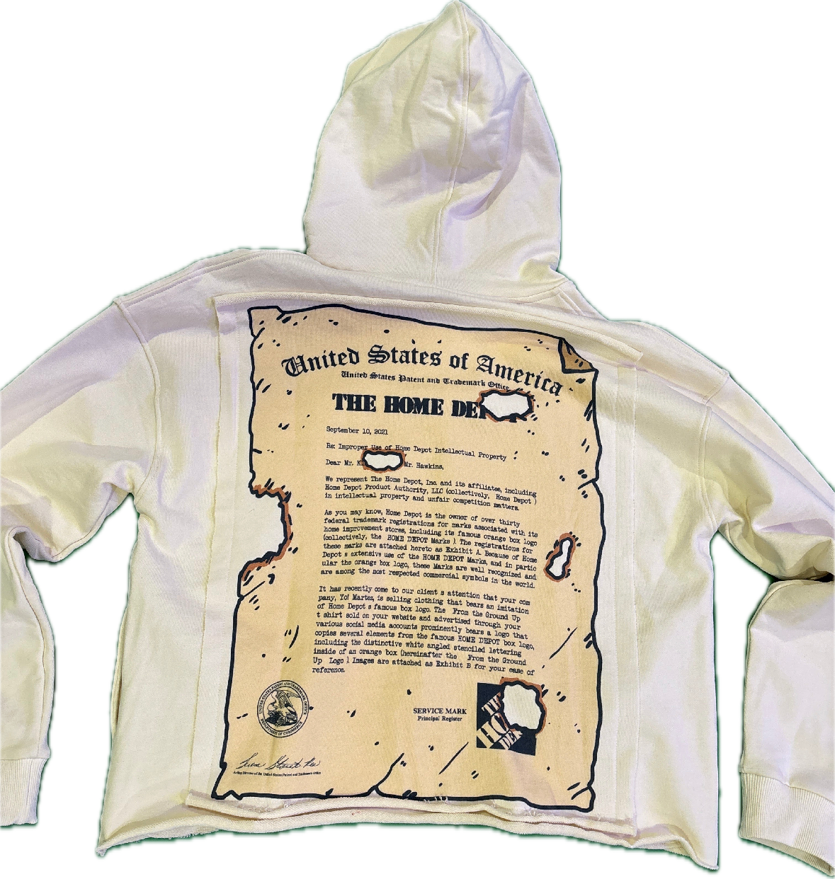 Cease & Desist Hoodie by Yo! Martez with real legal documentation present as the design scroll on the back 