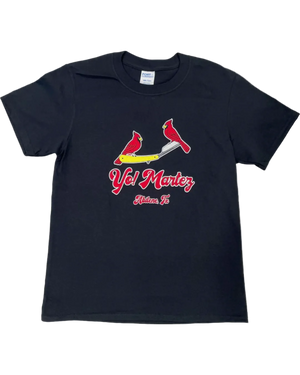 Black t-shirt with a graphic design featuring a bird, scissors, Yo! Martez brand