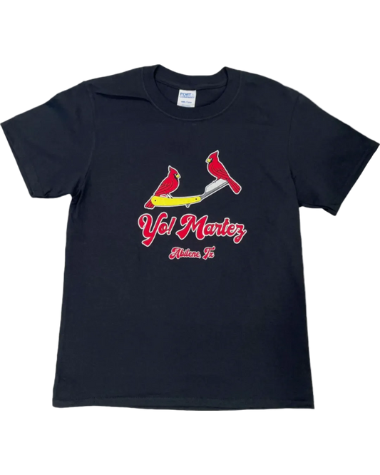 Black t-shirt with a graphic design featuring a bird, scissors, Yo! Martez brand