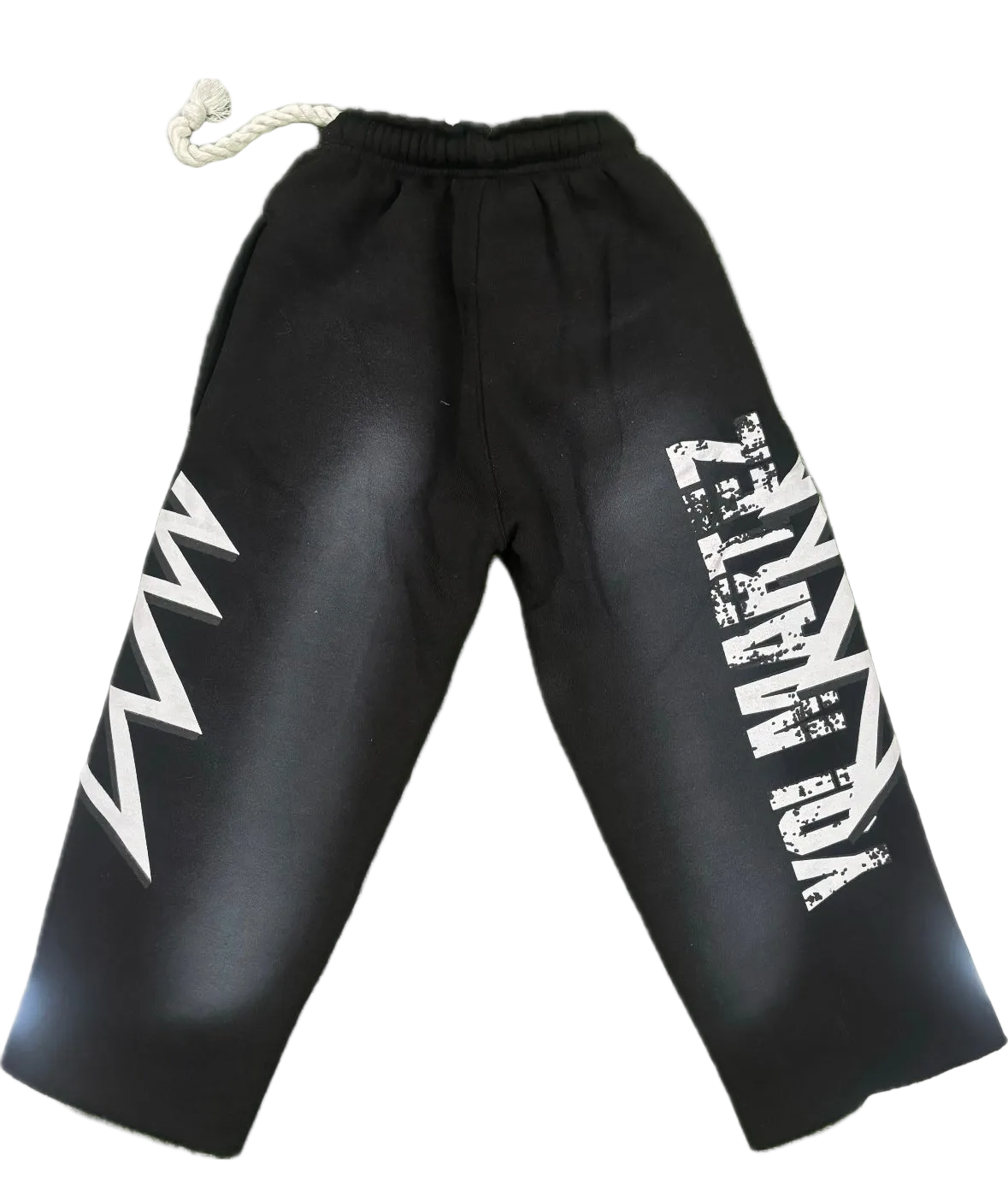 Black pants with white branding on a white background