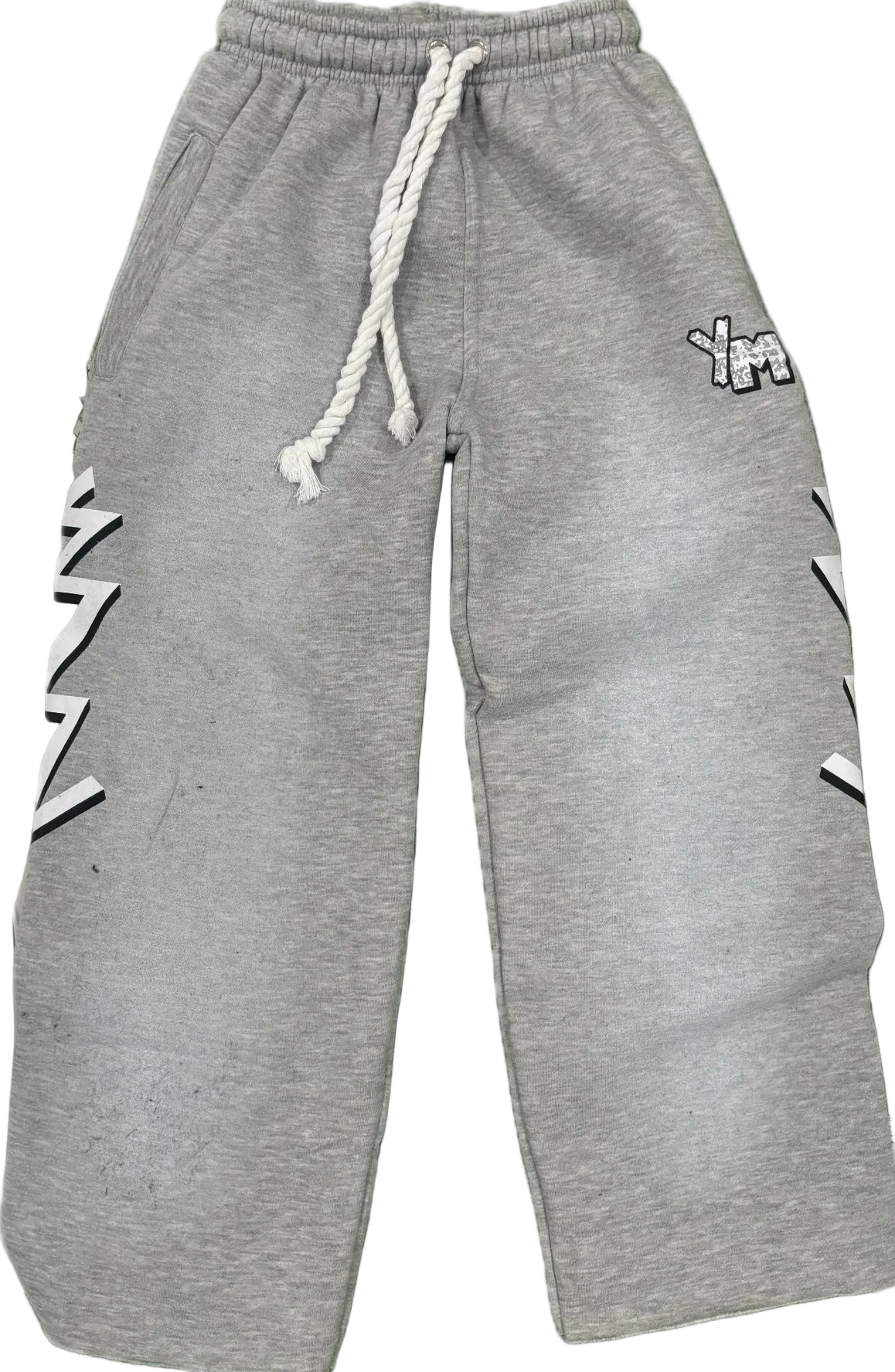 Gray sweatpants with a drawstring and logo on a white background
