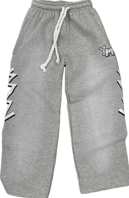 Gray sweatpants with a drawstring and logo on a white background