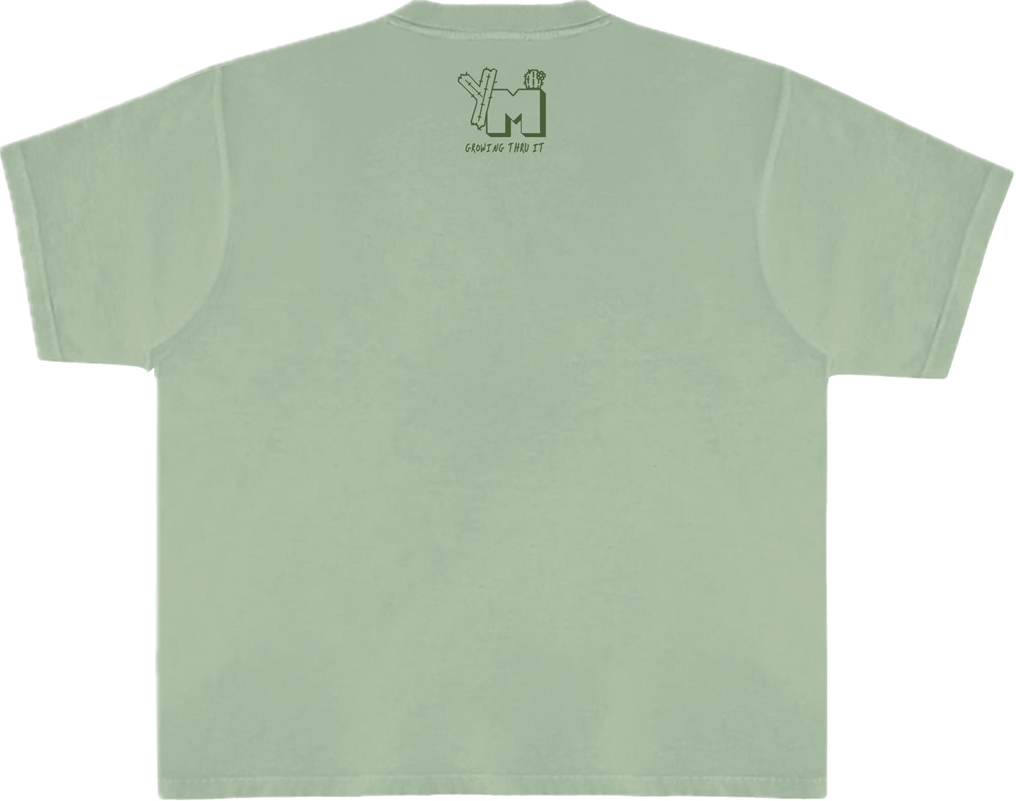 A green crewneck t-shirt with text and cactus illustrations on the front.