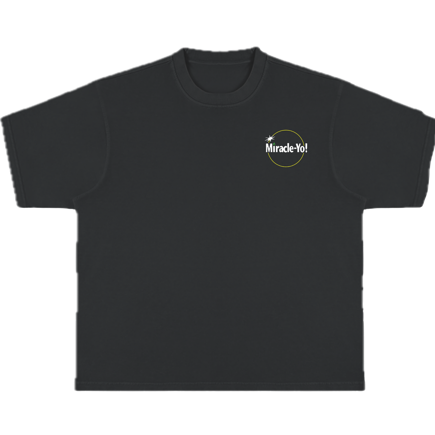 A black crew-neck T-shirt with the text 'Miracle Yo!' on the chest pocket.