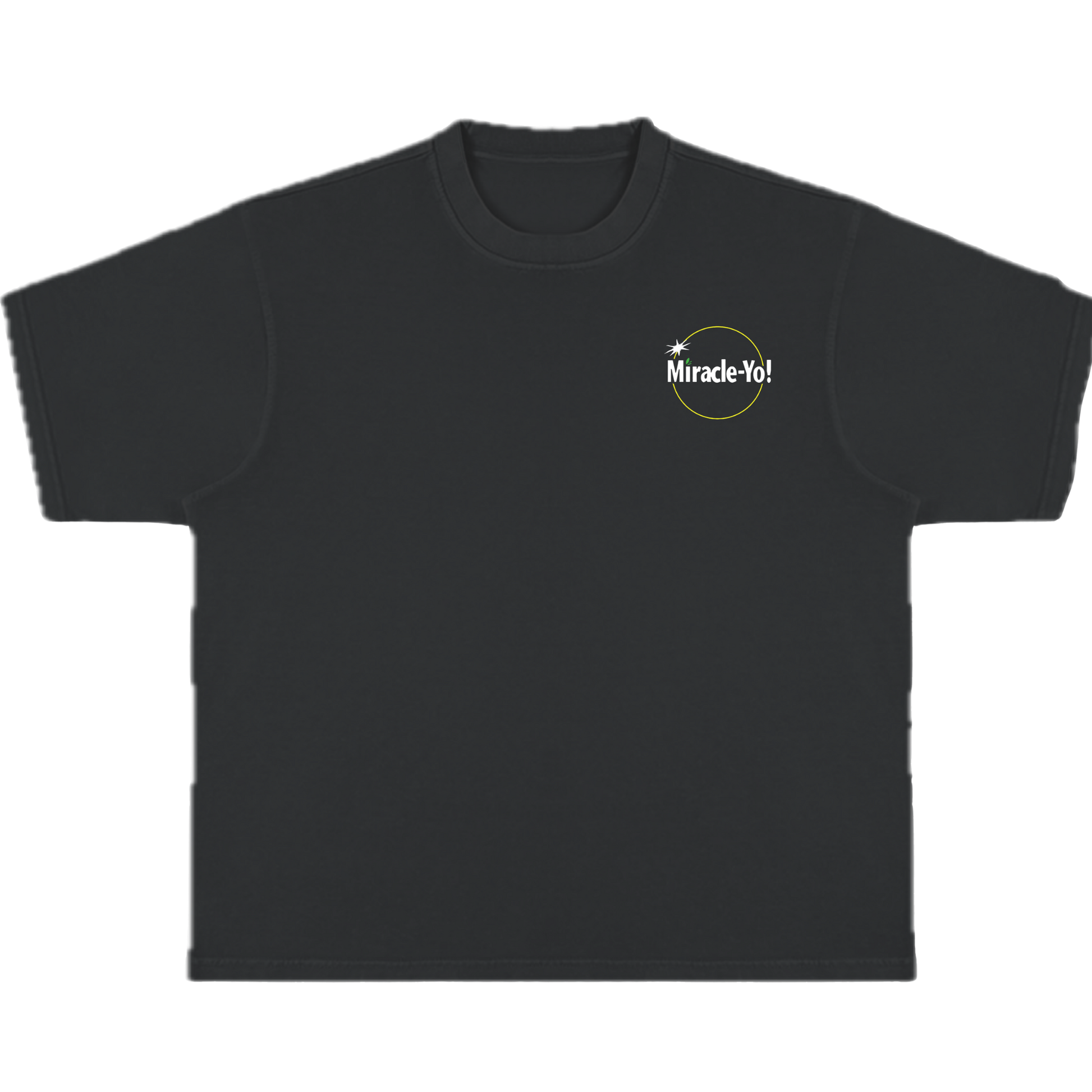 A black crew-neck T-shirt with the text 'Miracle Yo!' on the chest pocket.