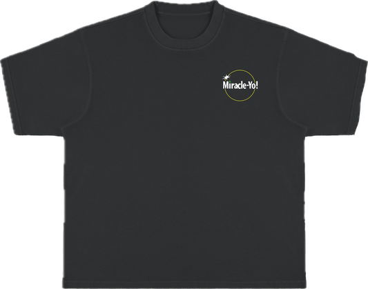 A black crew neck t-shirt with the text 'Miracle Yo!' printed on the front.