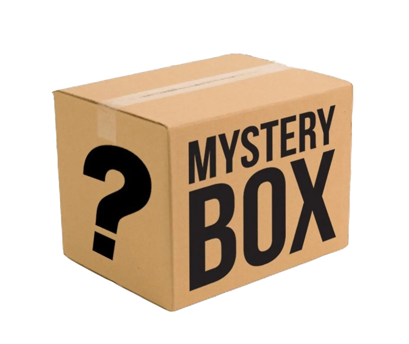 A brown cardboard gift box with 'MYSTERY BOX' printed in black text and a question mark symbol on the front.