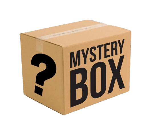 A brown cardboard gift box with 'MYSTERY BOX' printed in black text and a question mark symbol on the front.