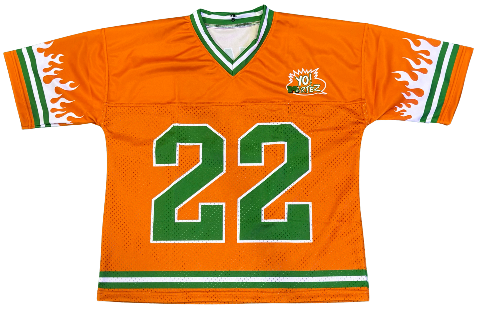 YO! MARTEZ — Twin Flame Jersey
Orange design w/ white flames & green accents