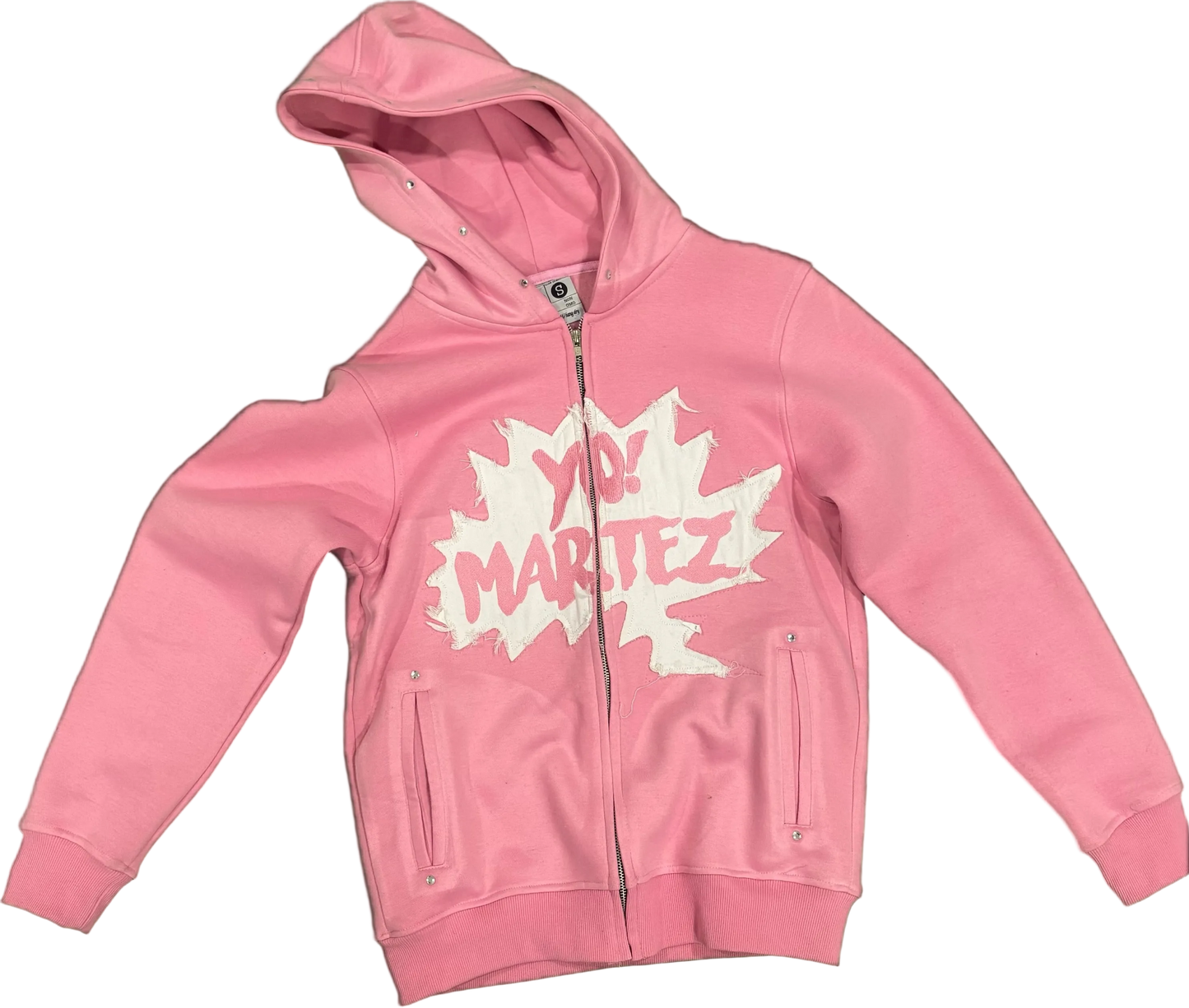 Pink hoodie with white text on a black background