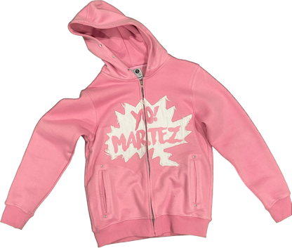 Pink hoodie with white text on a black background