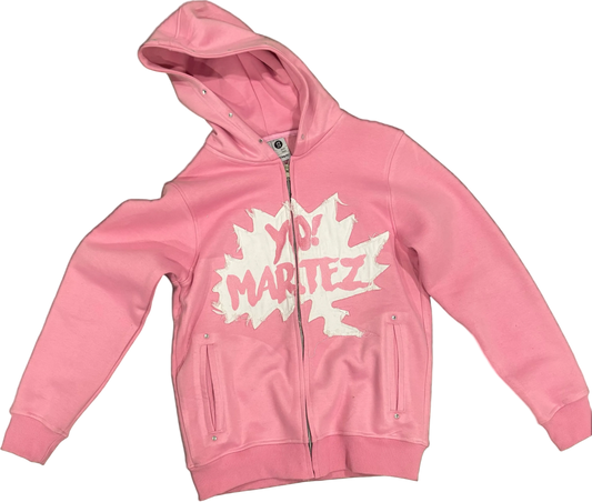 Pink hoodie with white text on a black background