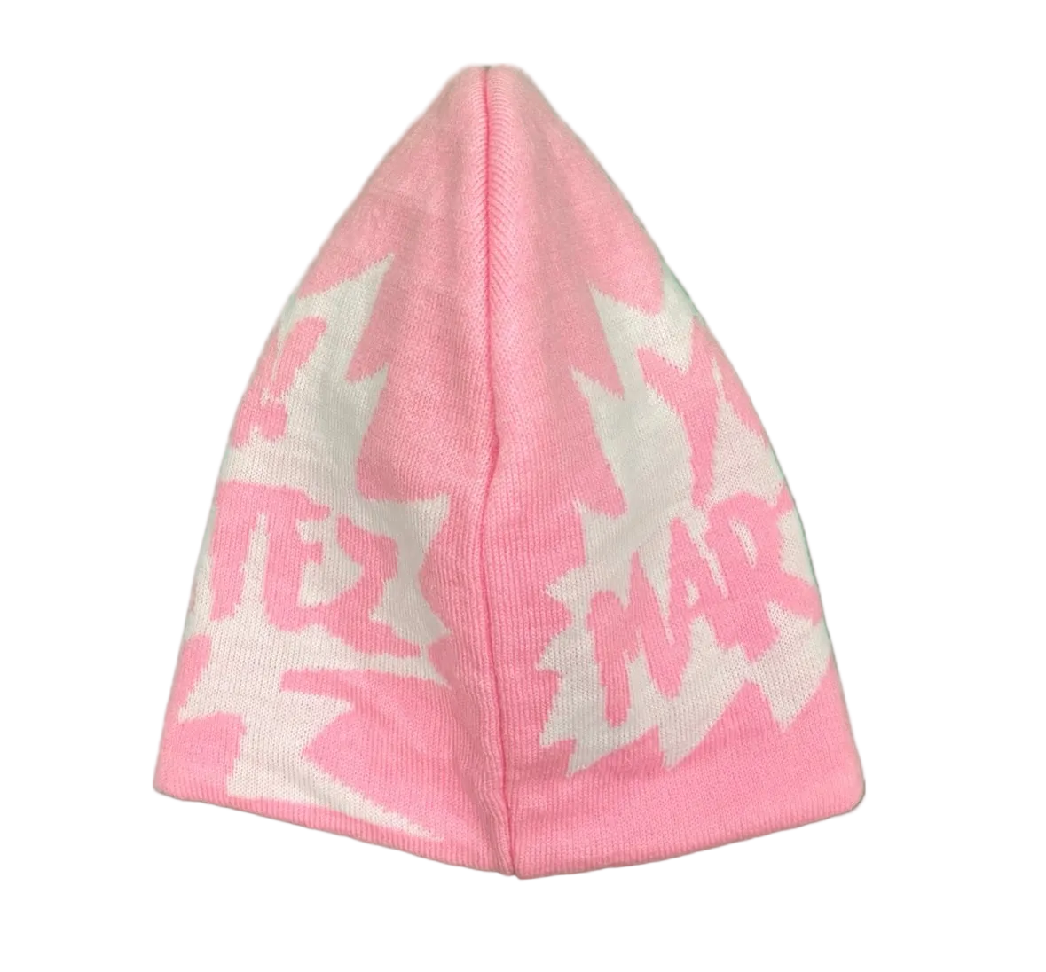 A pink knit beanie hat featuring a white and pink knit pattern with stylized text and starburst shapes, shown against a plain white background.