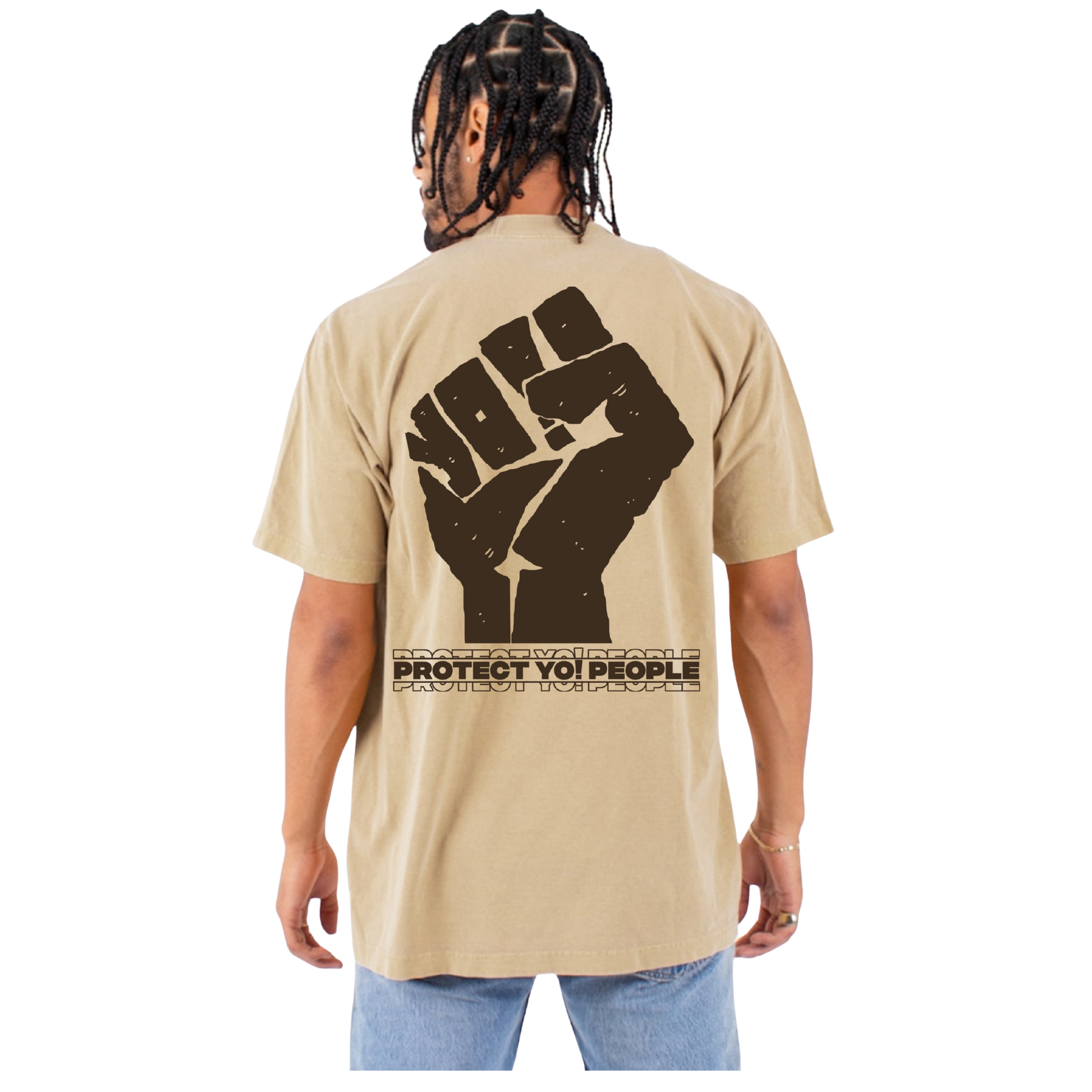 A back view of 'PROTECT YO1 PEOPLE' Beige T-Shirt 