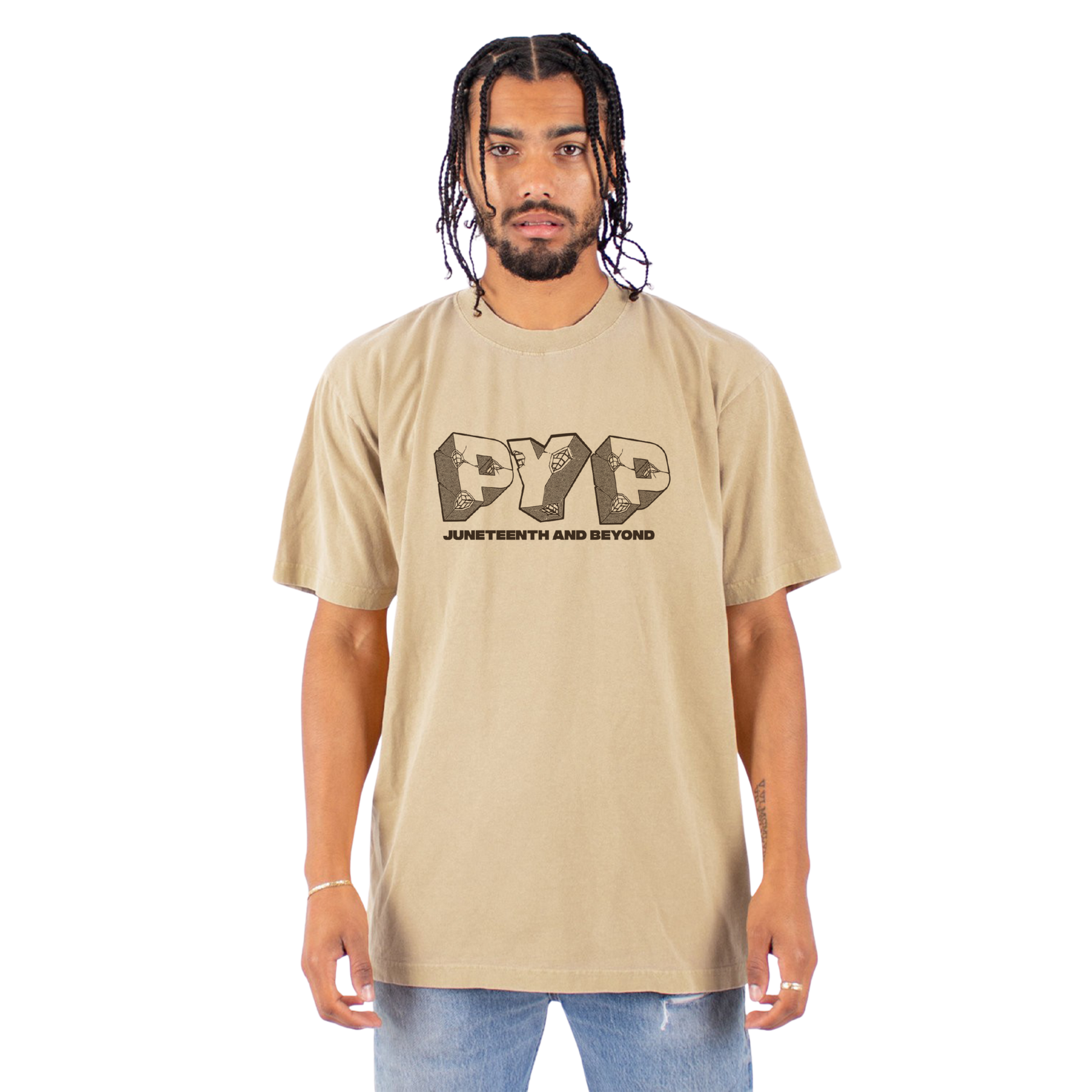 A front view of 'PYP Juneteenth and Beyond' Beige T-Shirt 