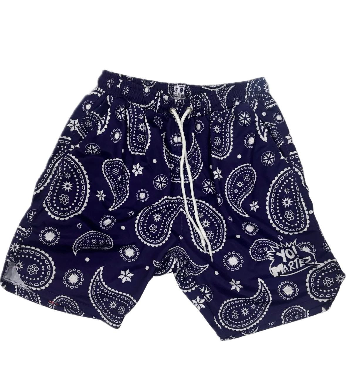 Navy blue bandana print shorts with a white drawstring and a white 'YO! MARTEZ' graphic on the lower right leg, shown against a plain white background.