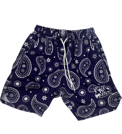 Navy blue bandana print shorts with a white drawstring and a white 'YO! MARTEZ' graphic on the lower right leg, shown against a plain white background.