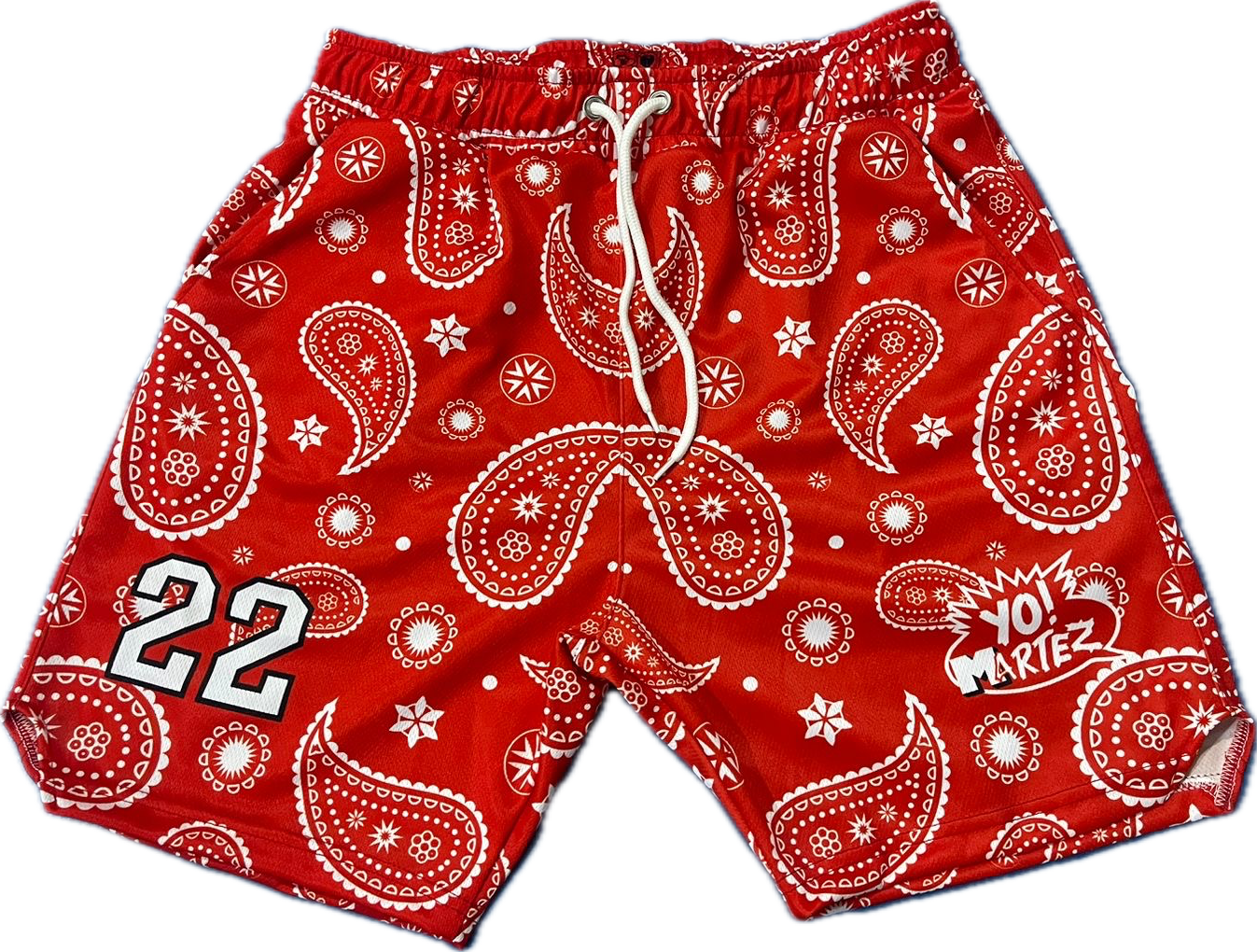 Red bandana patterned shorts with white accents on a white background