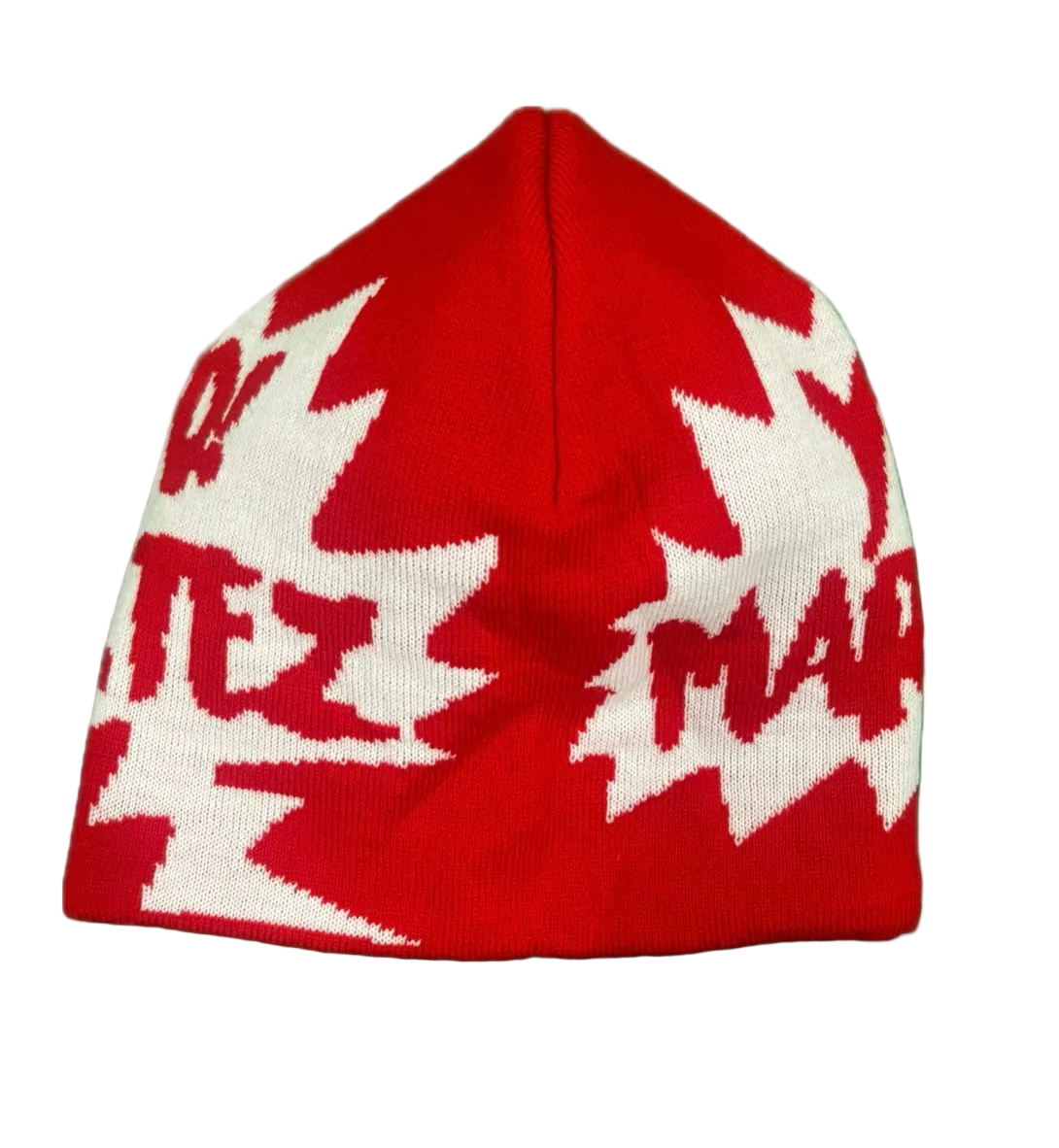 A red knit beanie hat featuring a white maple leaf pattern and the word 'YO! MARTEZ' knitted across the front, shown against a plain white background.