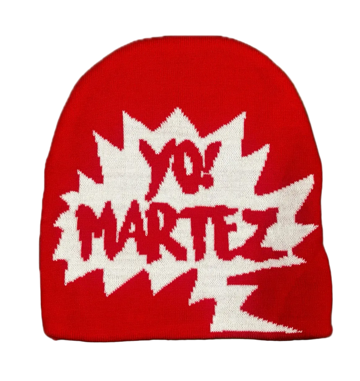 A red knit beanie hat featuring a large white starburst graphic with the text 'YO! MARTEZ' in red, shown against a plain white background.
