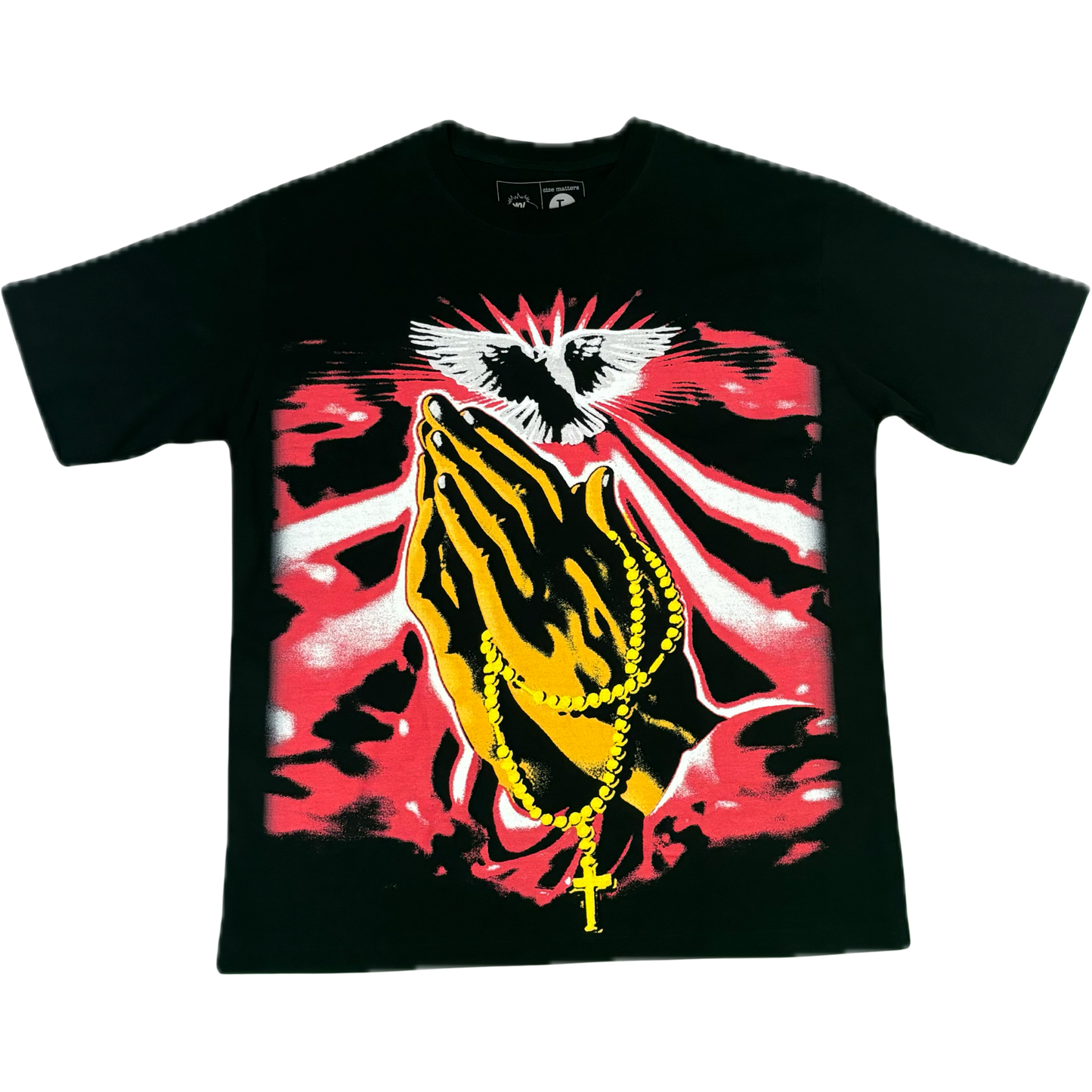 A graphic of praying hands, below a white dove, w/ red and white rays of light to bless yo! haters