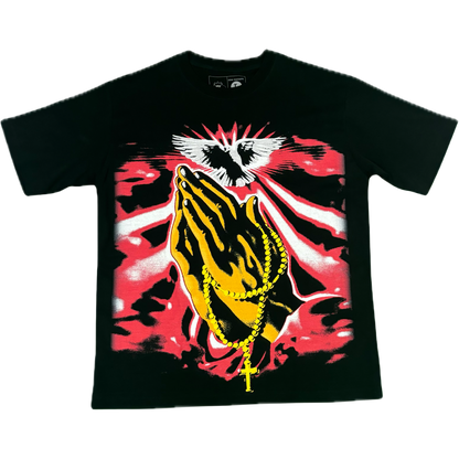 A graphic of praying hands, below a white dove, w/ red and white rays of light to bless yo! haters