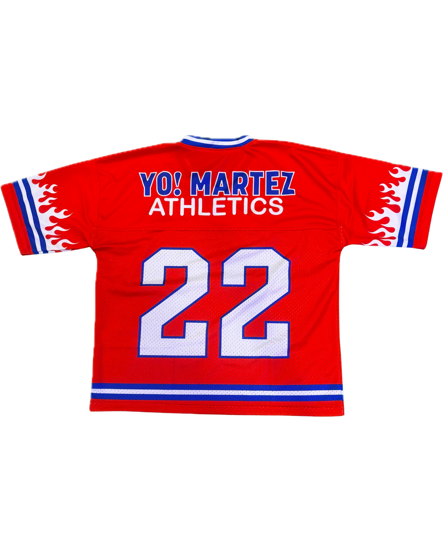 YO! MARTEZ — Twin Flame Jersey
Red design w/ white flames & blue accents