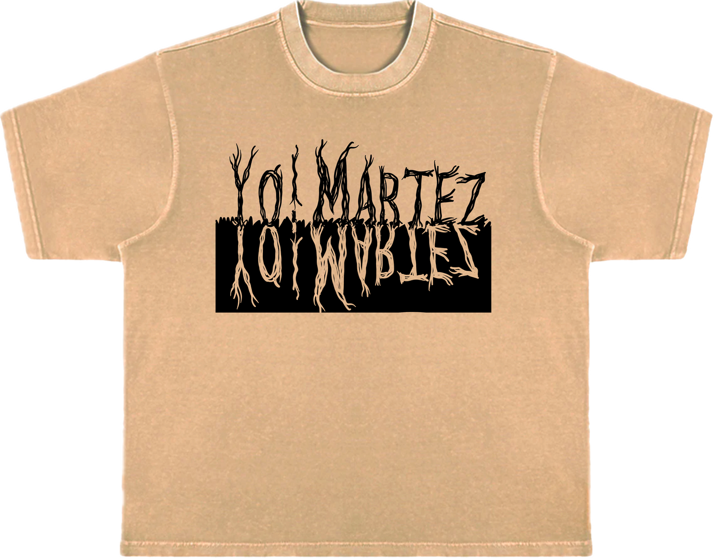 A brown t-shirt with the text 'YO! '  in black.