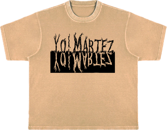 A brown t-shirt with the text 'YO! '  in black.