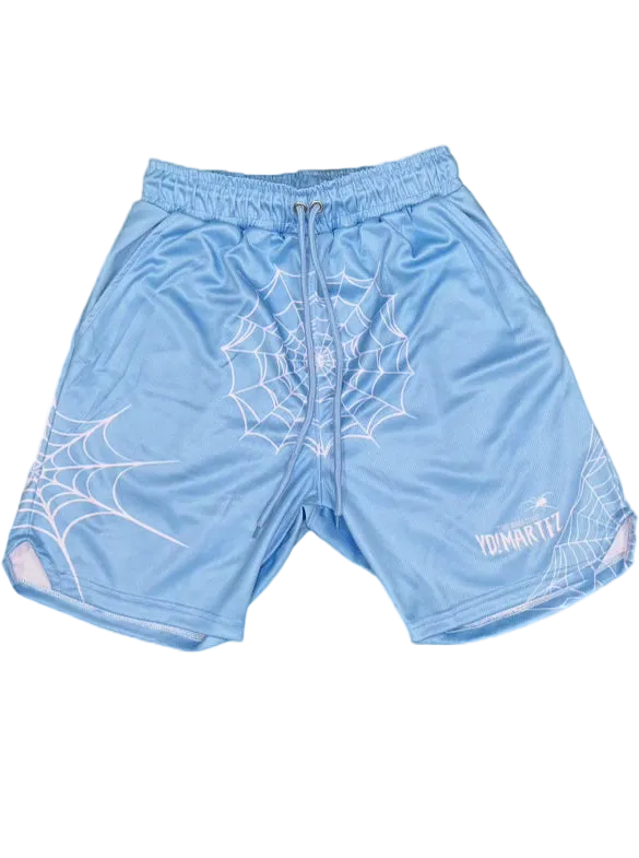 Blue Yo! Martez athletic shorts with a white spider web pattern and spider graphics on the legs, waistband, and a logo on the left leg.