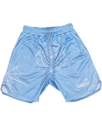 Blue Yo! Martez athletic shorts with a white spider web pattern and spider graphics on the legs, waistband, and a logo on the left leg.