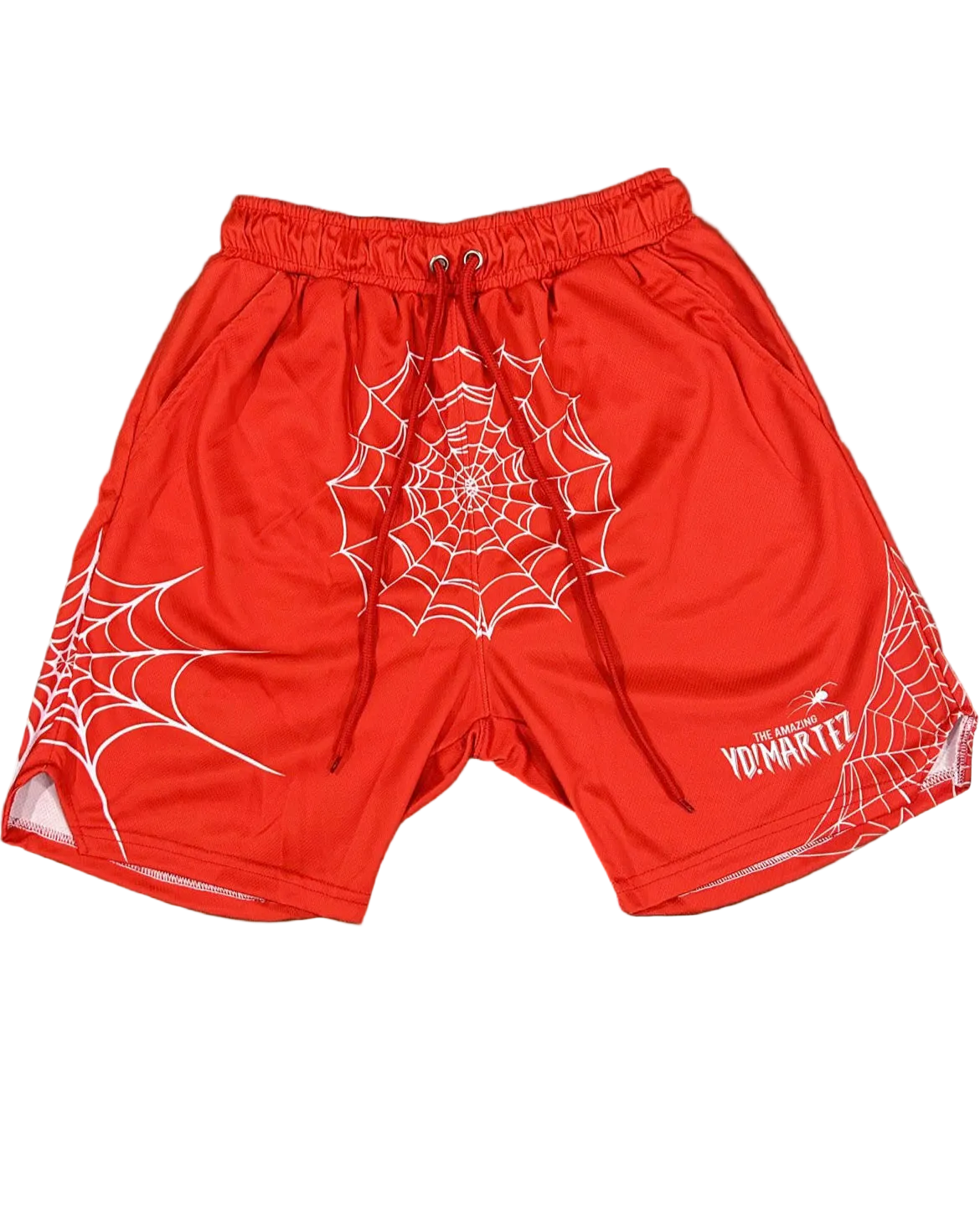 Red athletic shorts with a white spider web pattern and spider graphics on the legs, waistband, and a logo on the left leg.