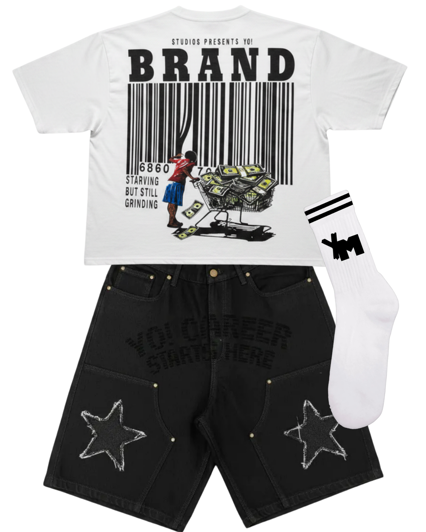 — Starving But Still Grinding Yo! cropped white tee
—Yo! Denim Jorts (black)
— YM Socks (white)