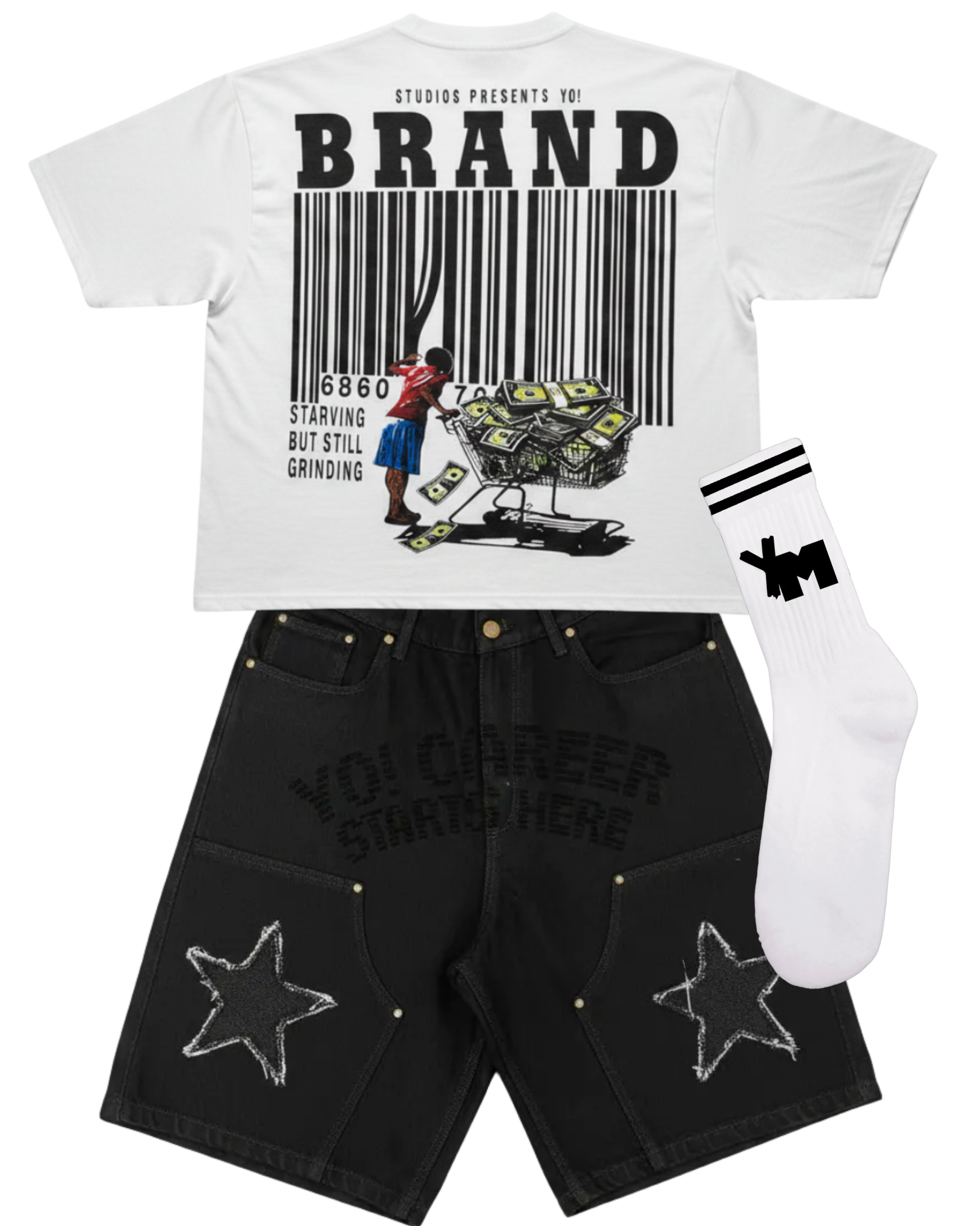 — Starving But Still Grinding Yo! cropped white tee
—Yo! Denim Jorts (black)
— YM Socks (white)