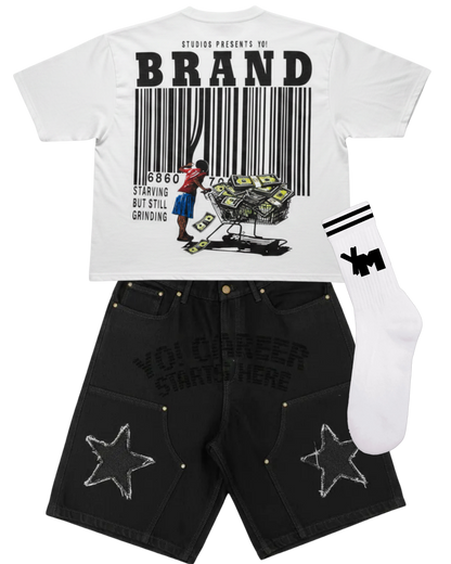 — Starving But Still Grinding Yo! cropped white tee
—Yo! Denim Jorts (black)
— YM Socks (white)