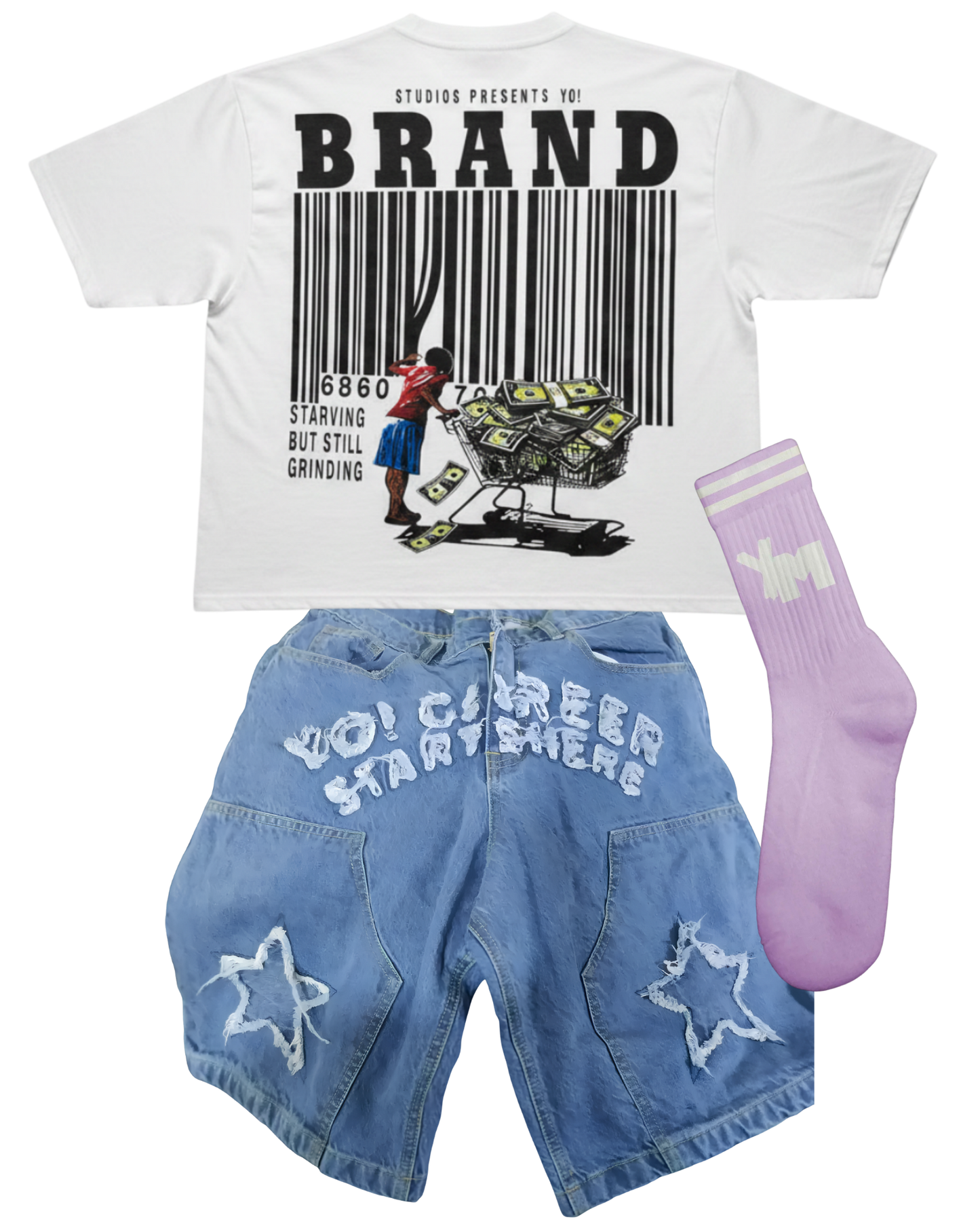 — Starving But Still Grinding Yo! cropped white tee
—Yo! Denim Jorts (blue)
— YM Socks (pink)