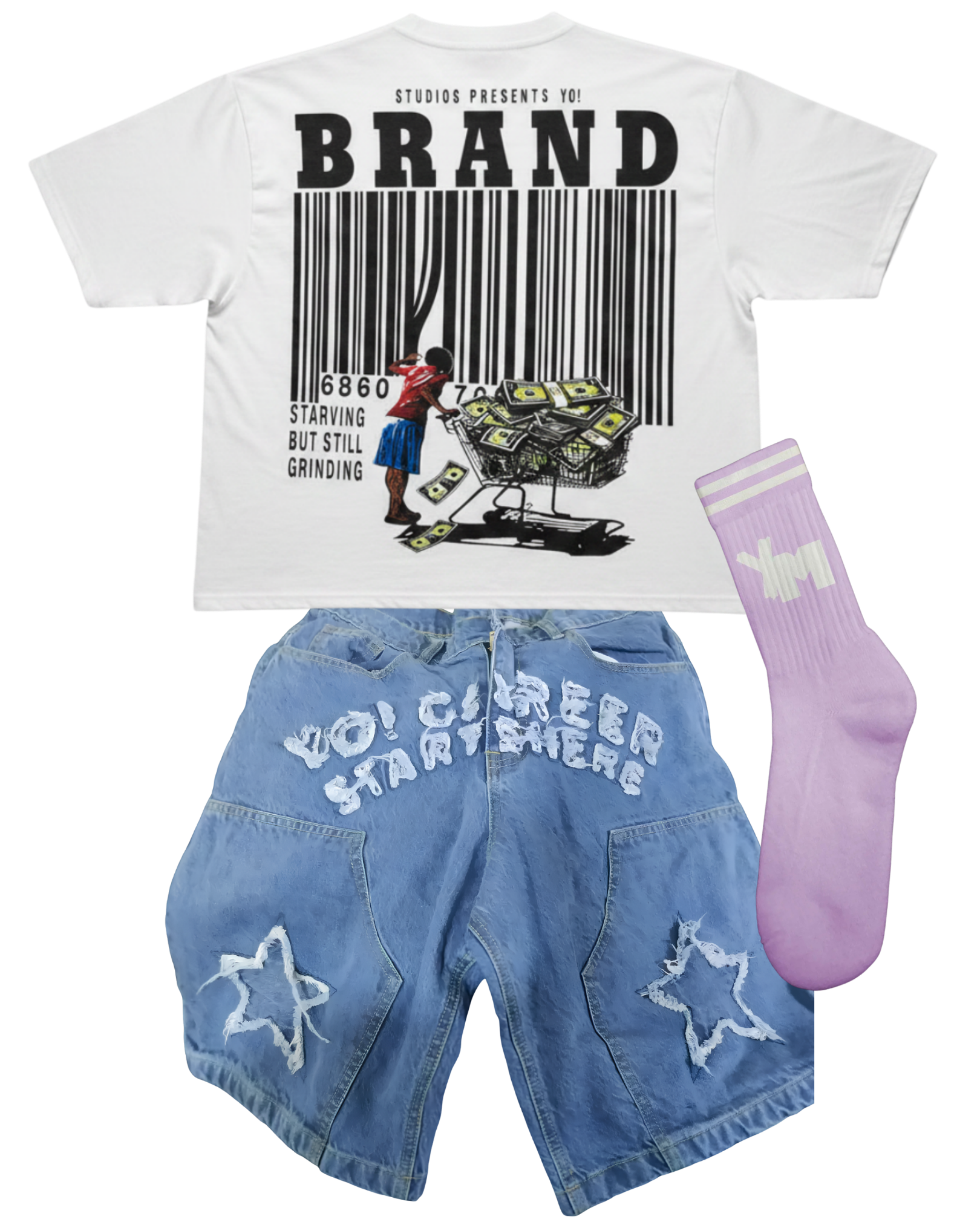 — Starving But Still Grinding Yo! cropped white tee
—Yo! Denim Jorts (blue)
— YM Socks (pink)