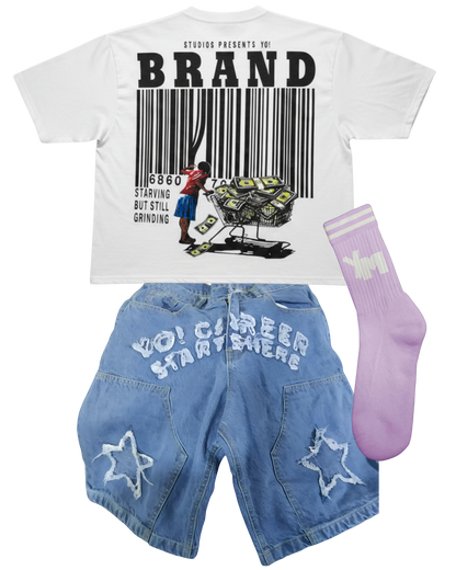 — Starving But Still Grinding Yo! cropped white tee
—Yo! Denim Jorts (blue)
— YM Socks (pink)