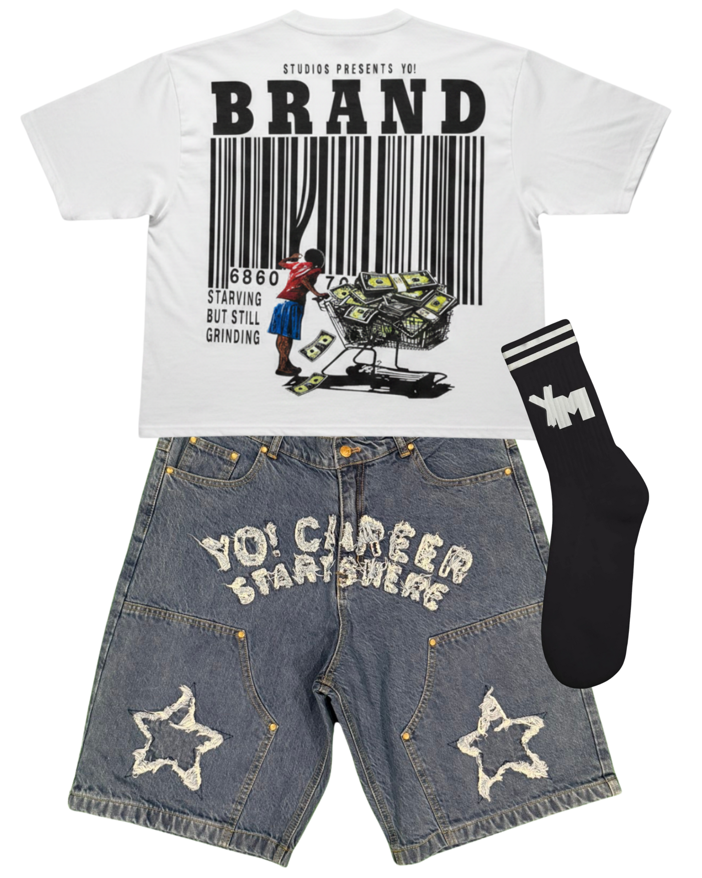 — Starving But Still Grinding Yo! cropped white tee
—Yo! Denim Jorts (navy)
— YM Socks (black)