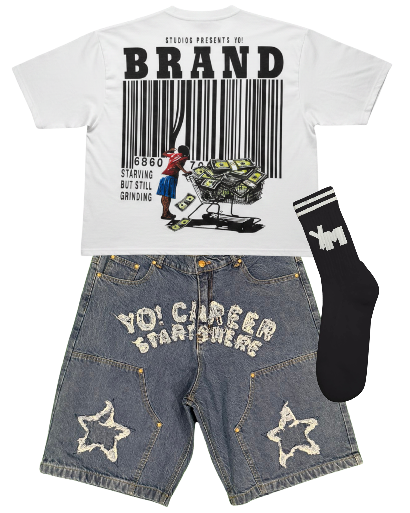 — Starving But Still Grinding Yo! cropped white tee
—Yo! Denim Jorts (navy)
— YM Socks (black)