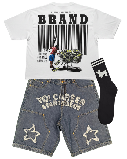 — Starving But Still Grinding Yo! cropped white tee
—Yo! Denim Jorts (navy)
— YM Socks (black)