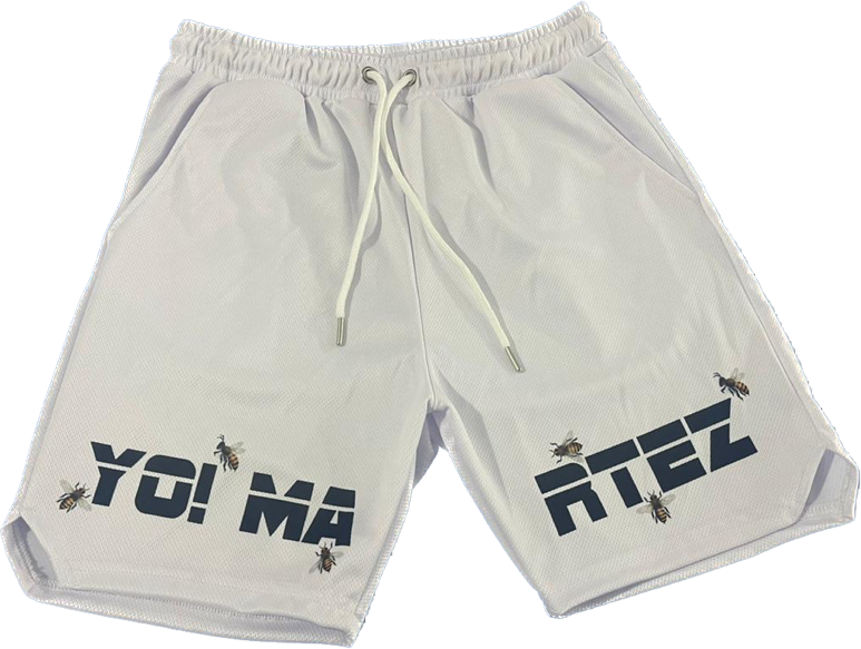 A pair of white athletic shorts with text and bee graphics on the legs, featuring an elastic waistband with drawstrings.