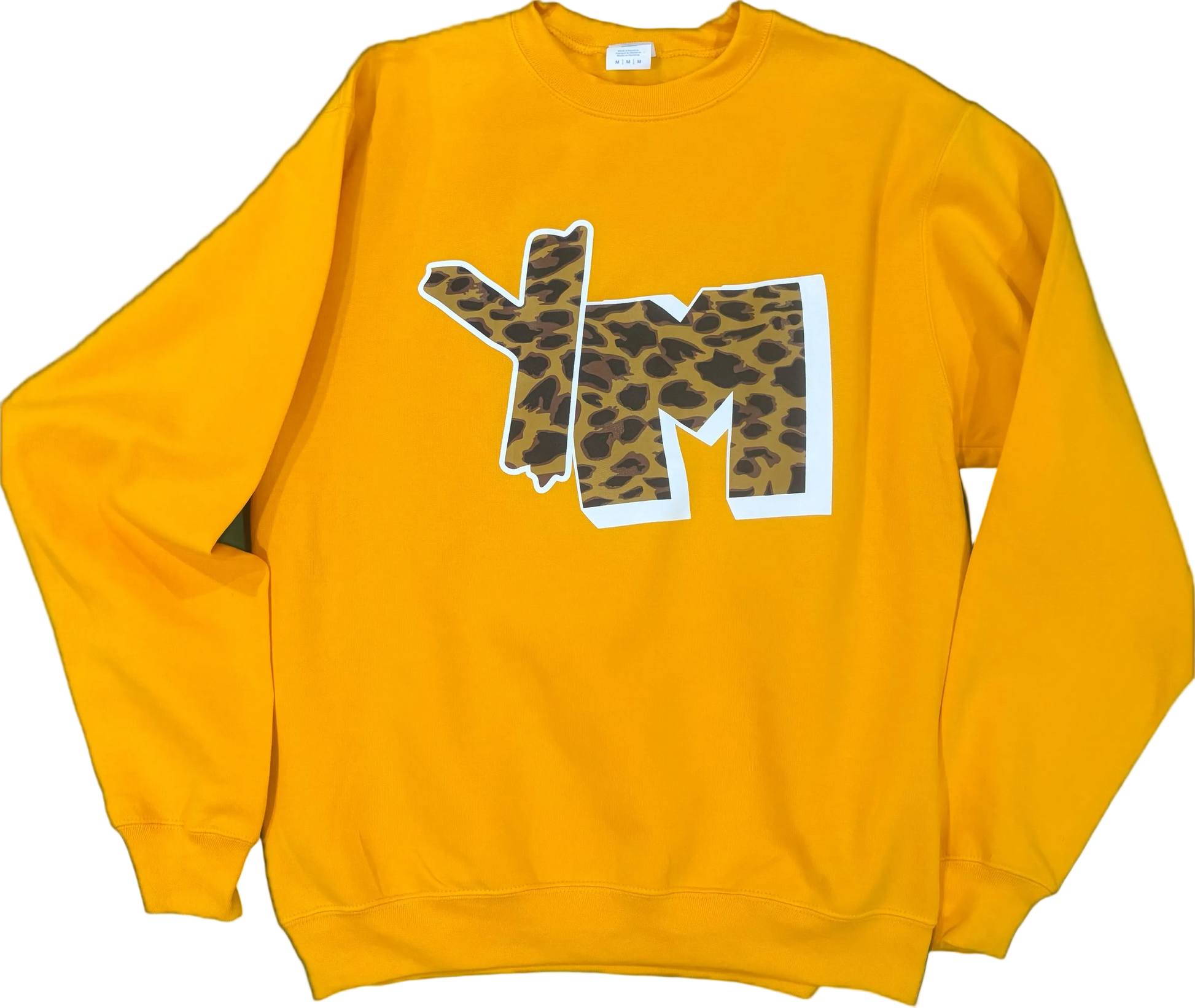 Yellow sweatshirt with leopard print 'YM' design on a black background