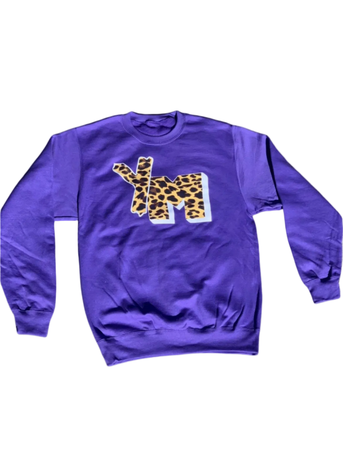 A purple sweatshirt with a YM cheetah print design on the front, featuring a crewneck and long sleeves.