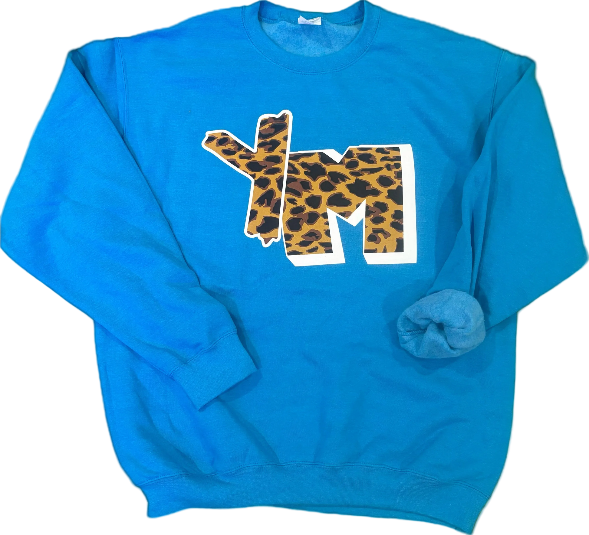 Blue sweatshirt with leopard print 'YM' logo on a black background