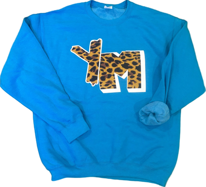 Blue sweatshirt with leopard print 'YM' logo on a black background
