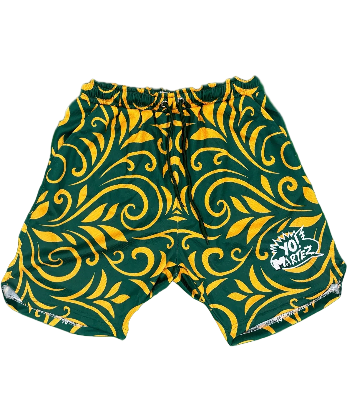 Green and yellow patterned swim trunks with a white 'Yo! Martez' logo on the left leg, shown flat against a white background.
