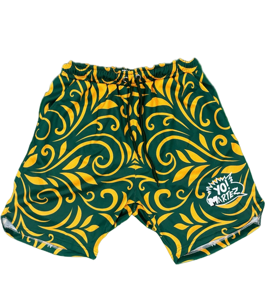 Green and yellow patterned swim trunks with a white 'Yo! Martez' logo on the left leg, shown flat against a white background.